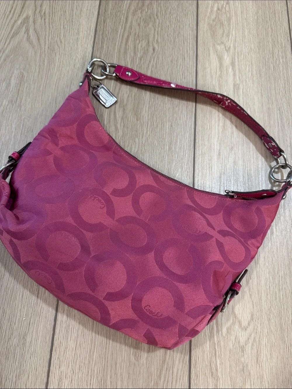 COACH Y2K Distressed Madison Signature Optic Pink Satin Shoulder Hand Bag